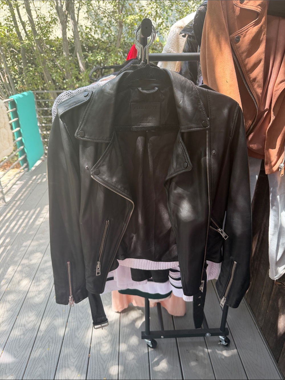All Saints Black Leather Bomber-Style Moto Jacket